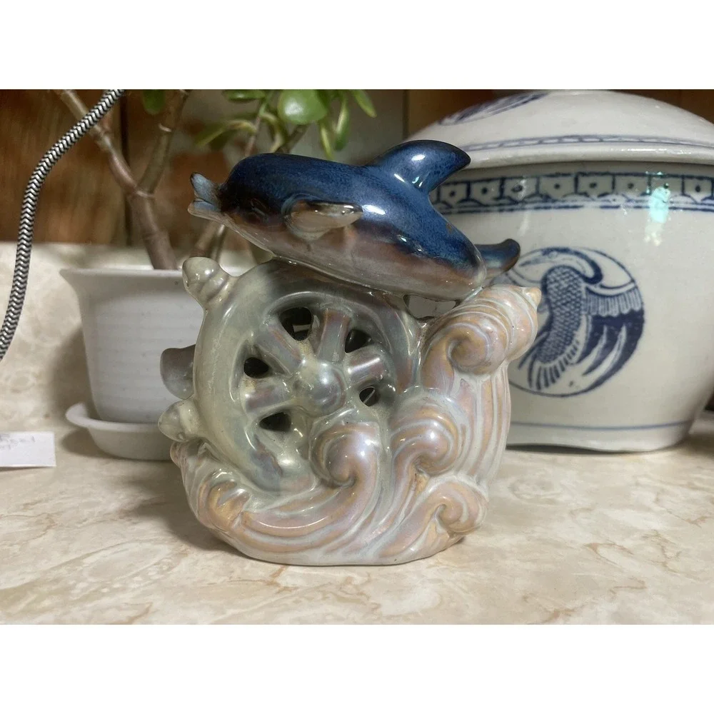Ceramic Dolphins‎ With Coral And Sailing Ship Wheel